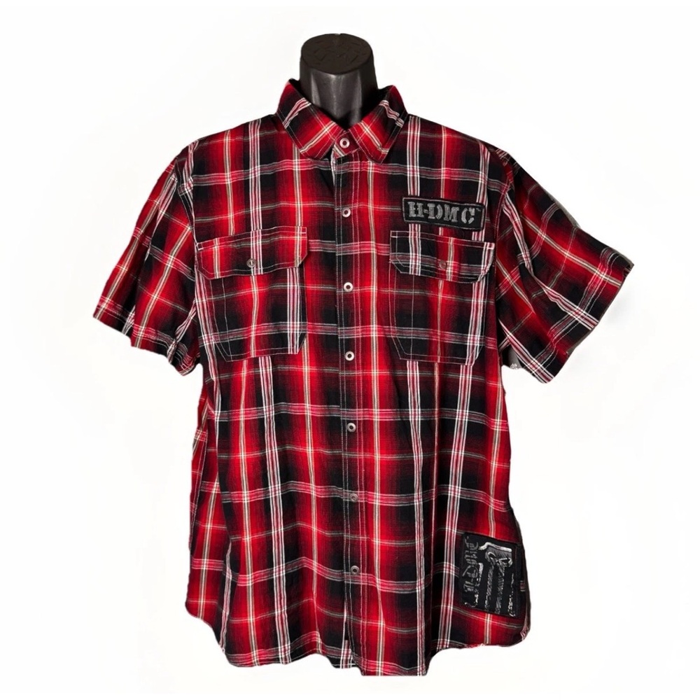 Harley-Davidson Red/Black Plaid Snap Shirt Motorcycle Patches Men’s Size 2XL